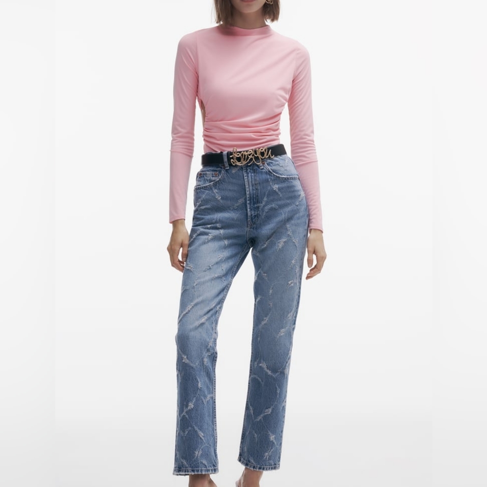 ZARA LIMITED EDITION RIPPED HIGH RISE TRF STRAIGHT LEG HEART JEANS